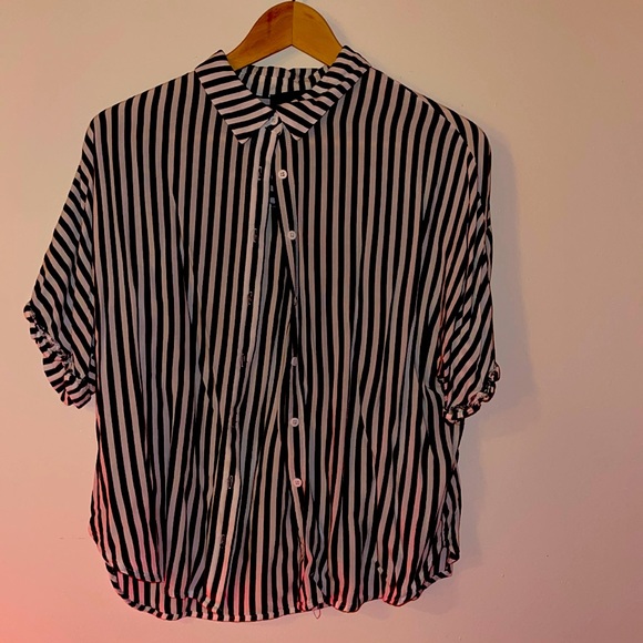 Dark grey and white stripped button down shirt. - Picture 1 of 2